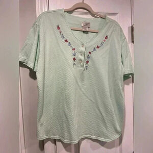 Amanda Stewart Green Floral Embroidered V Neck Short Sleeve Sleep Top Size L